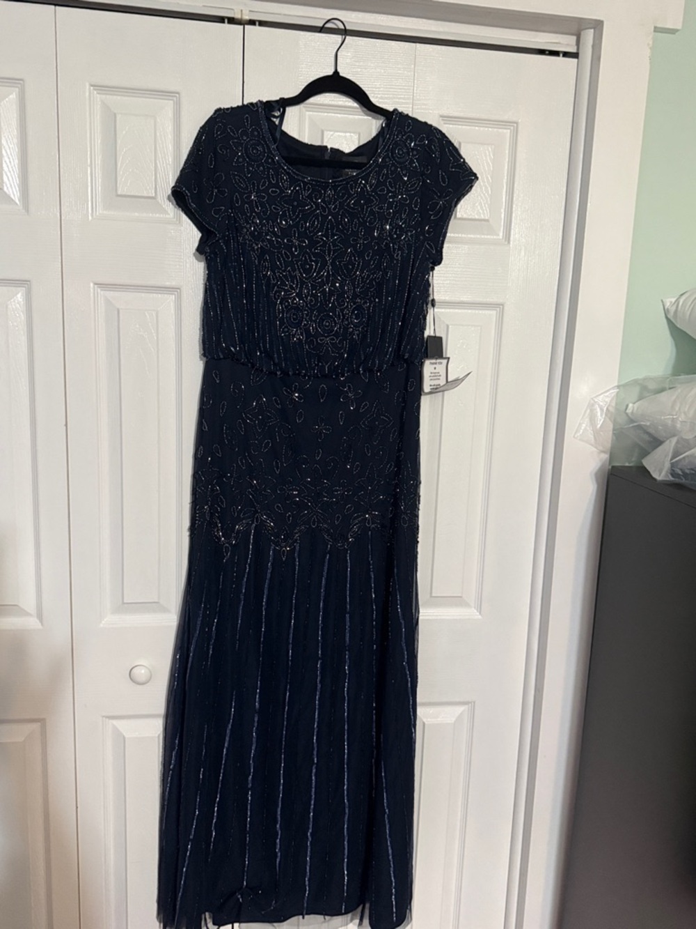 Adrianna Papell Navy Beaded Short-Sleeve Maxi Dress